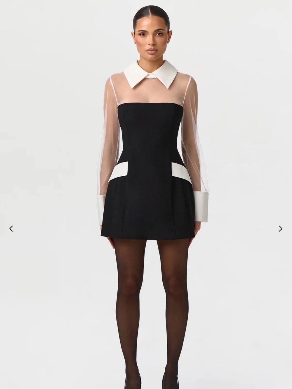 Black and White Sheer-Sleeve Mini Dress